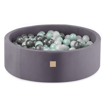 Misioo Pool with balls, gray, round, velvet, 90x30, 200 balls: mint, silver, white