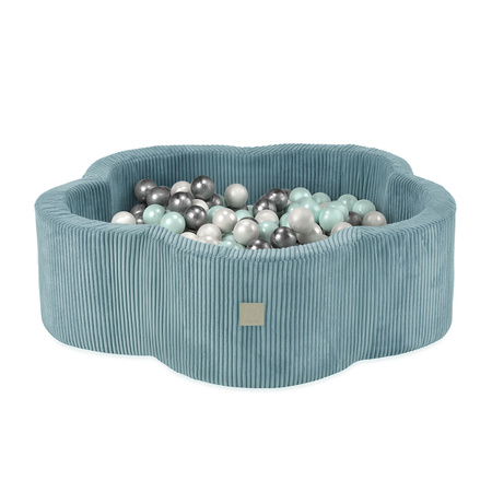 MISIOO Bassin de fleurs sèches, 95x30, bleu, velours côtelé de qualité supérieure, Floral Fun Zone, 200 boules : perle, perle menthe, argent