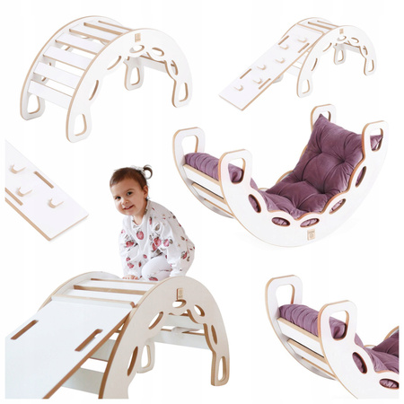 MISIOO Bujak Small Rocker 4 w 1  + ścianka wspinaczkowa/zjeżdżalnia + poduszka (lila Velvet), biały Wooden Play