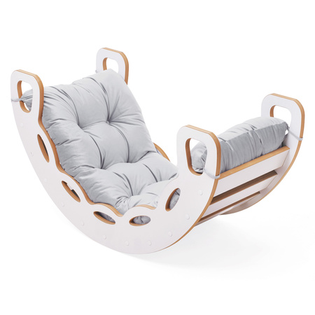 MISIOO Small Rocker 4-in-1 Wippe + Kletterwand/Rutsche + Kissen (Velvet grey), weiß Wooden Play