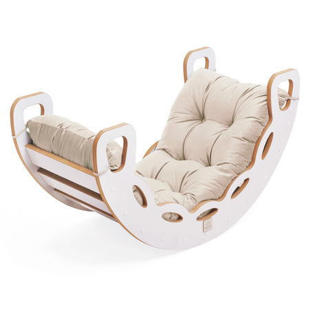 MISIOO Bujak Small Rocker 4 w 1  + ścianka wspinaczkowa/zjeżdżalnia + poduszka (beżowy /złoty Velvet), biały Wooden Play