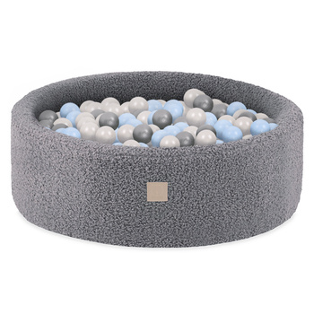 Misioo Basen z piłkami, szary, okrągły, boucle, 90x30, 200 piłek: perłowy, jasny  niebieski, srebrny