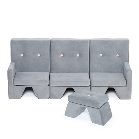MISIOO Sofa, grau - hellgraue Knöpfe + Fußstütze, Samt, 3-Sitzer - premium collection