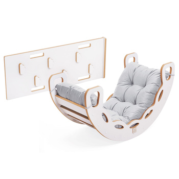 MISIOO Bujak Small Rocker 4 w 1  + ścianka wspinaczkowa/zjeżdżalnia + poduszka (szary Velvet), biały Wooden Play