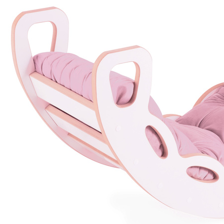 MISIOO Small Rocker 4-in-1 Wippe + Kletterwand/Rutsche + Kissen (rosa Samt), weiß Holzspielzeug