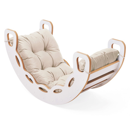 MISIOO Bujak Small Rocker 4 w 1  + ścianka wspinaczkowa/zjeżdżalnia + poduszka (beżowy /złoty Velvet), biały Wooden Play