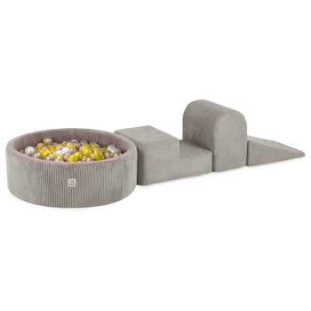 MISIOO Plac zabaw 3 elementy + suchy basen 90x30 (+200 piłek: perłowy, złoty, żółty), beżowy, sztruks premium