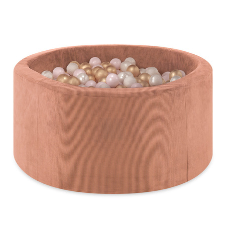 Misioo Basen z piłkami, miedziany/ ceglany, okrągły, sztruks, 90x40, 300 piłek: perłowy, jasnoróżowy, złoty