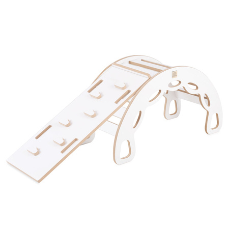 MISIOO Kleine Wippe 4-in-1 Wippe + Kletterwand/Rutsche + Kissen Hellbeige, weiß Holzspiel