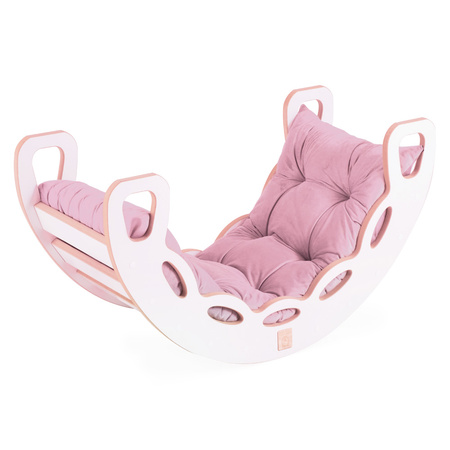 MISIOO Small Rocker 4-in-1 Wippe + Kletterwand/Rutsche + Kissen (rosa Samt), weiß Holzspielzeug