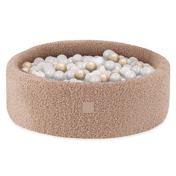 Misioo Basen z piłkami, beżowy, okrągły, boucle, 90x30, 200 piłek: perłowy, złoty, transparentny