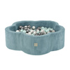 MISIOO Bassin de fleurs sèches, 95x30, bleu, velours côtelé de qualité supérieure, Floral Fun Zone, 200 boules : perle, perle menthe, argent