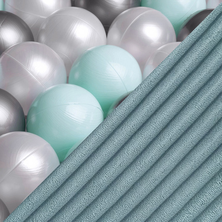 MISIOO Bällebad, 95x30, blau, Premium Cord, Floral Fun Zone, 200 Kugeln: pearl, pearl mint, silver