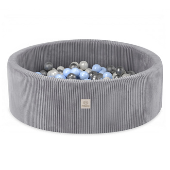 Misioo Bällebad, grau, rund, Premium-Cord, 90x30, 200 Bälle: perlmutt, hellblau, silber