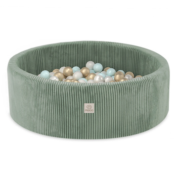 Misioo Basen z piłkami, zielony, okrągły, sztruks premium, 90x30, 200 piłek: perłowy, perłowy miętowy, złoty