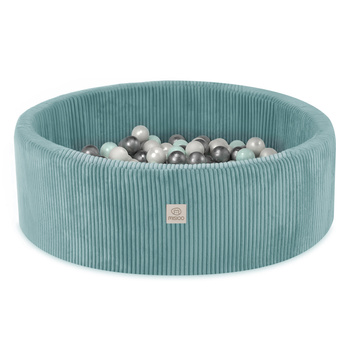 MISIOO Bällebad, blau, rund, Premium-Cord, 90x30, 200 Bälle: pearl, pearl mint, silber