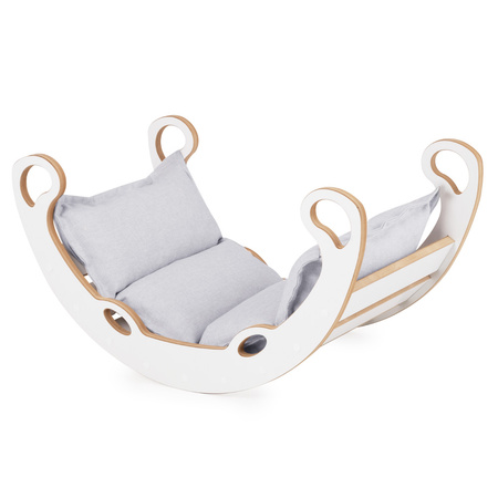 MISIOO Babywippe Mini Rocker XS 2in1 + Kissen Hellgrau, weiß, Holzspiel