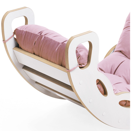 MISIOO Small Rocker 4-in-1 Wippe + Kletterwand/Rutsche + Kissen (rosa Samt), weiß Holzspielzeug