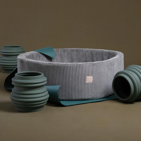 Misioo Bällebad, grau, rund, Premium-Cord, 90x30, 200 Bälle: perlmutt, hellblau, silber