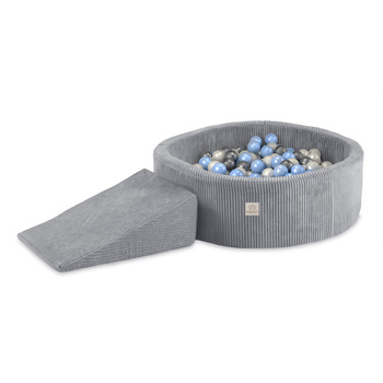 MISIOO Spielplatz Bällebad 90x30 + Dreieck (+200 Bälle: Perle, Silber, Hellblau), grau, Premium Cord