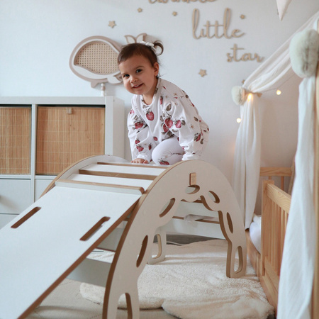 MISIOO Kleine Wippe 4-in-1 Wippe + Kletterwand/Rutsche + Kissen Hellbeige, weiß Holzspiel