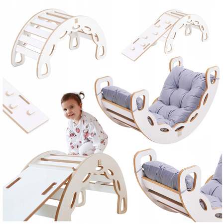 MISIOO Bujak Small Rocker 4 w 1  + ścianka wspinaczkowa/zjeżdżalnia + poduszka (Ciemny szary Velvet), biały Wooden Play