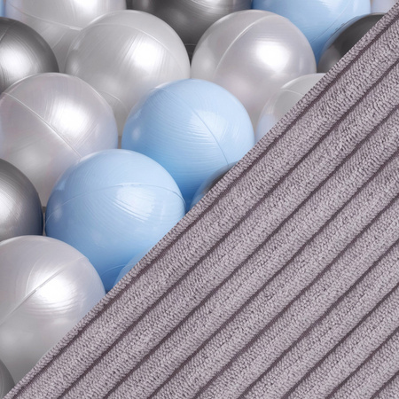 MISIOO Bällebad, 95x30, grau, Premium Cord, Floral Fun Zone, 200 Bälle: perle, silber, hellblau
