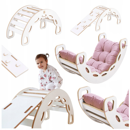 MISIOO Small Rocker 4-in-1 Wippe + Kletterwand/Rutsche + Kissen (rosa Samt), weiß Holzspielzeug