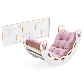 MISIOO Bujak Small Rocker 4 w 1 + ścianka wspinaczkowa/zjeżdżalnia + poduszka (różowy Velvet), biały Wooden Play