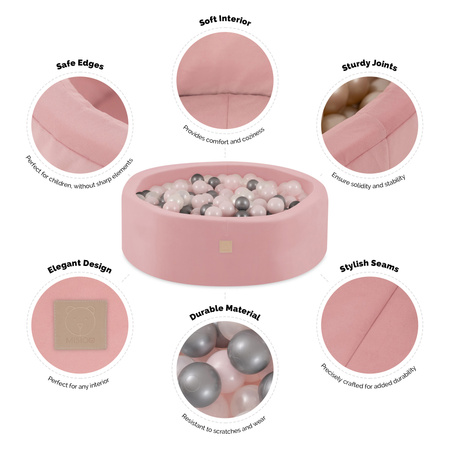 Misioo Bällebad, rosa, rund, Samt, 90x30, 200 Bälle: Perle hellrosa, silber, perle