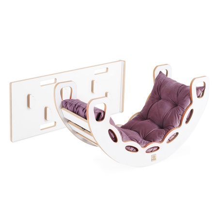 MISIOO Small Rocker 4-in-1 Wippe + Kletterwand/Rutsche + Kissen (lila Velvet), weiß Wooden Play