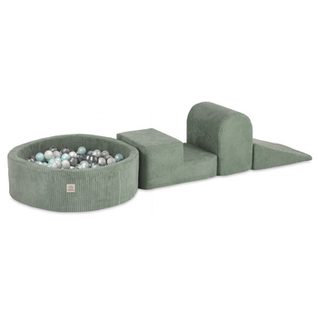 MISIOO Spielplatz 3 Elemente + Trockenbecken 90x30 (+200 Bälle: Perle, Perlmutt, Silber), grün, Premium Cord
