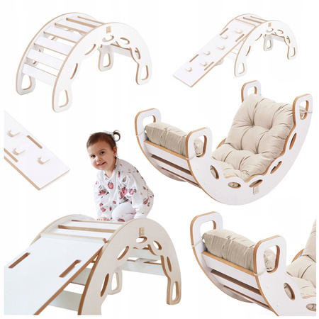 MISIOO Small Rocker 4-in-1 Wippe + Kletterwand/Rutsche + Kissen (beige/gold Velvet), weiß Wooden Play