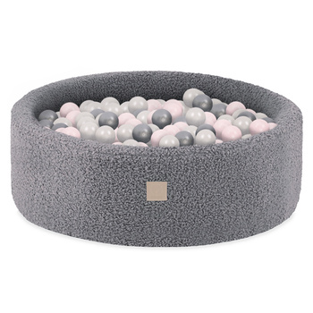 Misioo Basen z piłkami, szary, okrągły, boucle, 90x30, 200 piłek: perłowy, jasny róż, srebrny