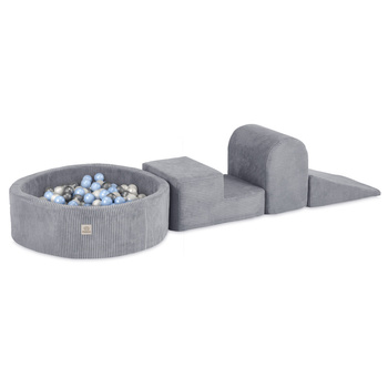 MISIOO Spielplatz 3 Elemente + Trockenpool 90x30 (+200 Bälle: Perle, Silber, Hellblau), grau, Premium Cord)