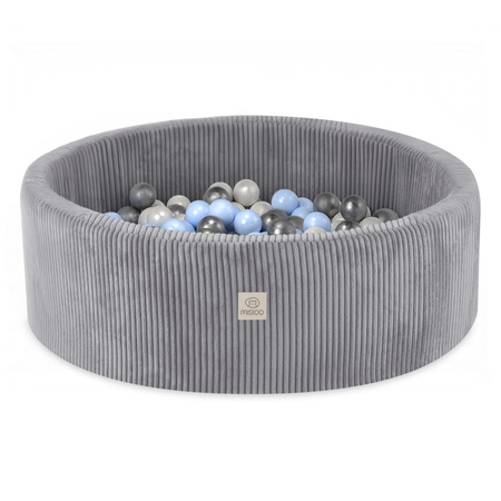 Misioo Bällebad, grau, rund, Premium-Cord, 90x30, 200 Bälle: perlmutt, hellblau, silber