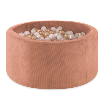 Misioo Basen z piłkami, miedziany/ ceglany, okrągły, sztruks, 90x40, 300 piłek: perłowy, jasnoróżowy, złoty