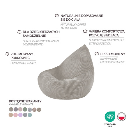 MISIOO Fotel worek Sako dla dzieci, zielony, sztruks premium, rozmiar S (85x80x75)