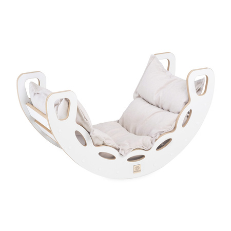 MISIOO Kleine Wippe 4-in-1 Wippe + Kletterwand/Rutsche + Kissen Hellbeige, weiß Holzspiel