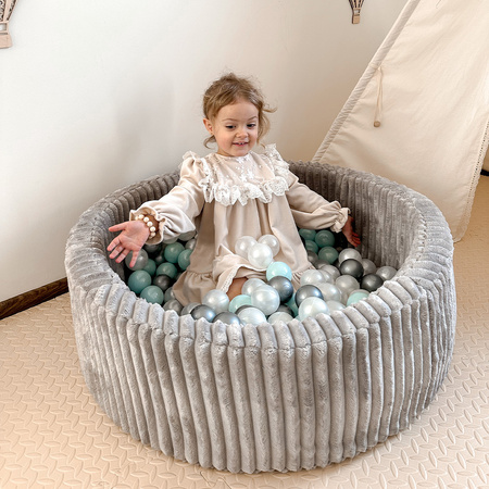 MISIOO Dry Ball Pool, 90x30 cm, rund, Grau, Puffy Lamell, 200 Bälle: pearl, silver, mint pearl