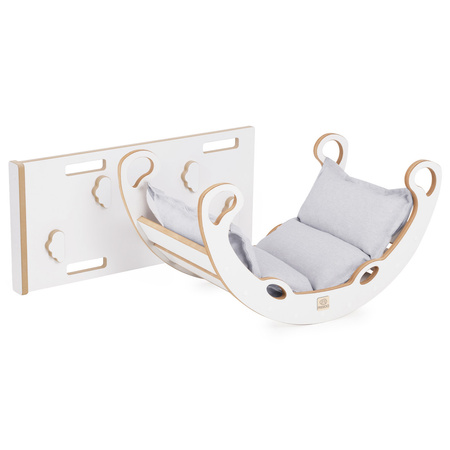 MISIOO Bujak dla dzieci Mini Rocker XS 4w1 + ścianka wspinaczkowa/zjeżdżalnia + poduszka Jasny Szary, Wooden Play