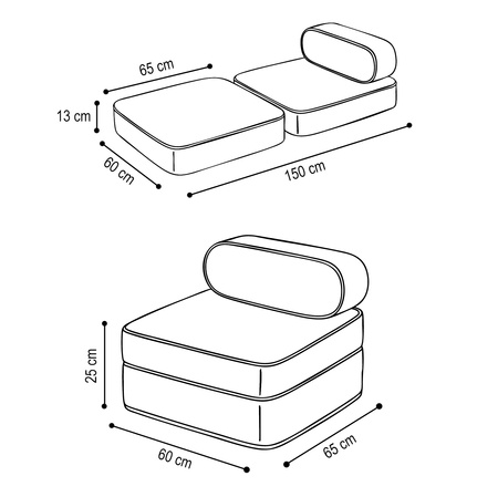 MISIOO Kinderklappsessel, 150x60x25 cm, beige Cord Premium
