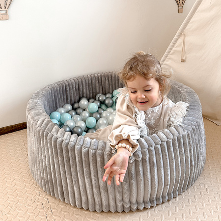 MISIOO Dry Ball Pool, 90x30 cm, rund, Grau, Puffy Lamell, 200 Bälle: pearl, silver, mint pearl