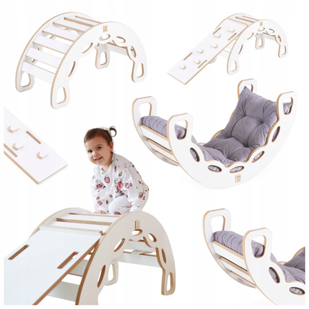 MISIOO Bujak Small Rocker 4 w 1 + ścianka wspinaczkowa/zjeżdżalnia + poduszka (szary Velvet), biały Wooden Play