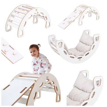 MISIOO Kleine Wippe 4-in-1 Wippe + Kletterwand/Rutsche + Kissen Hellbeige, weiß Holzspiel