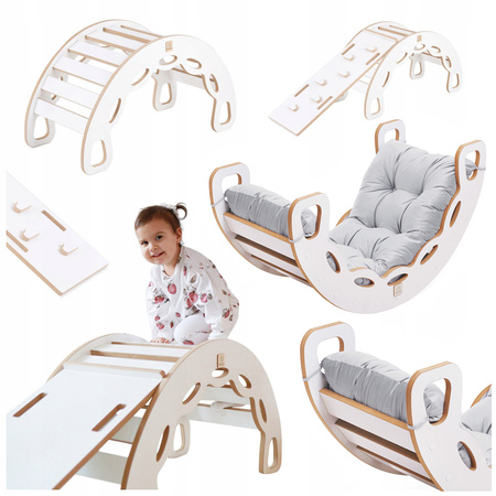 MISIOO Small Rocker 4-in-1 Wippe + Kletterwand/Rutsche + Kissen (Velvet grey), weiß Wooden Play