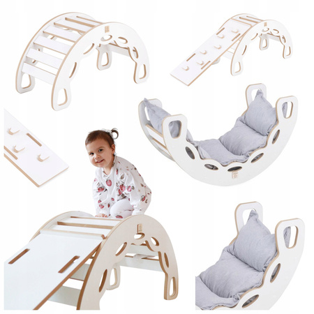 MISIOO Bujak Small Rocker 4 w 1 + ścianka wspinaczkowa/zjeżdżalnia + poduszka Jasny Szary, biały Wooden Play