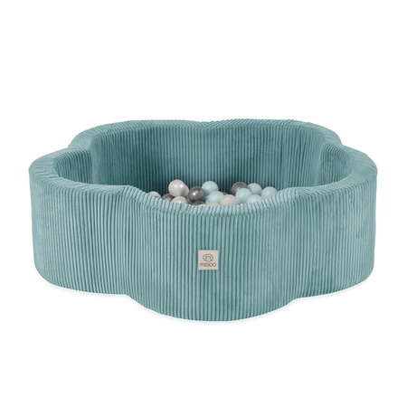 MISIOO Bällebad, 95x30, blau, Premium Cord, Floral Fun Zone, 200 Kugeln: pearl, pearl mint, silver