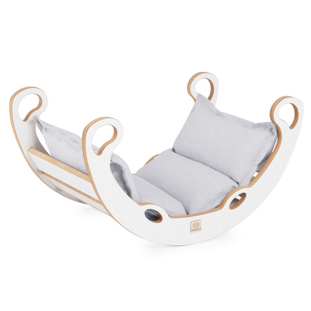 MISIOO Babywippe Mini Rocker XS 4in1 + Kletterwand/Rutsche + Kissen Hellgrau, Holzspiel
