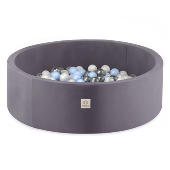 Misioo Ballpool, grau, rund, Samt, 90x30, 200 Bälle: hellblau, silber, perlmutt